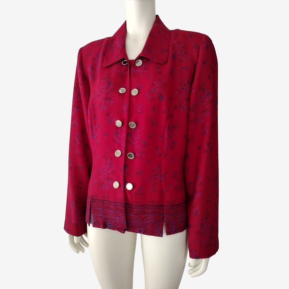 Vintage 1990s Red Floral Double Breasted Lightweight Blazer Jacket 18 - Picture 3 of 11